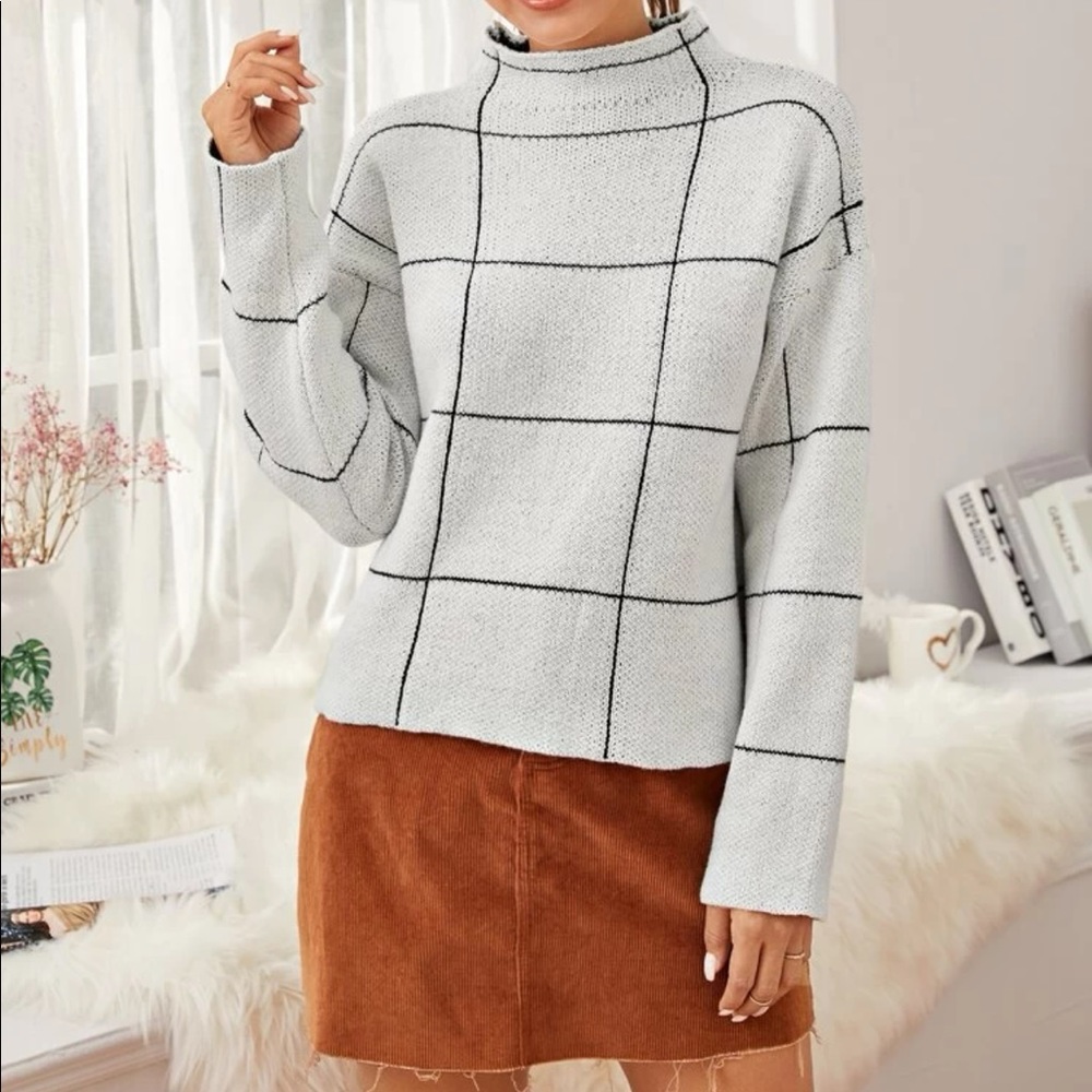 SHEIN Drop Shoulder Mock-Neck Grid Sweater